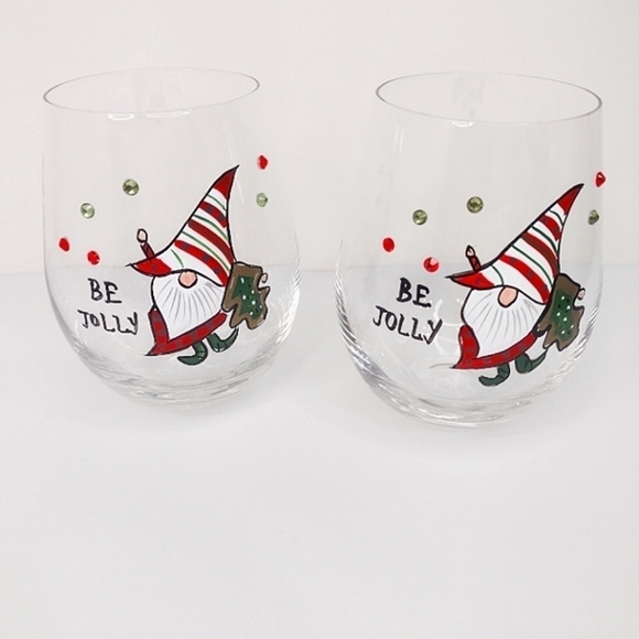 Set of two (2) wine glasses hand-painted Jolly elf s - Picture 1 of 4
